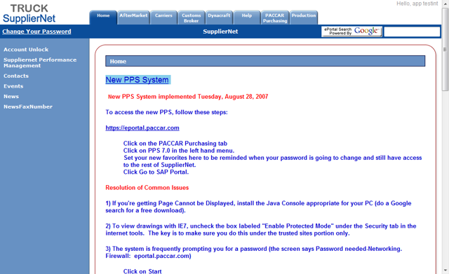 Screenshot of Extranet Business Portal