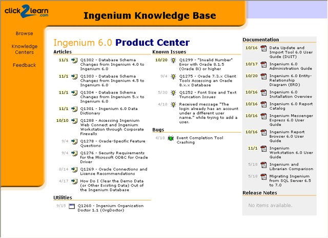 Screenshot of Ingenium 6.0 Knowledge Base