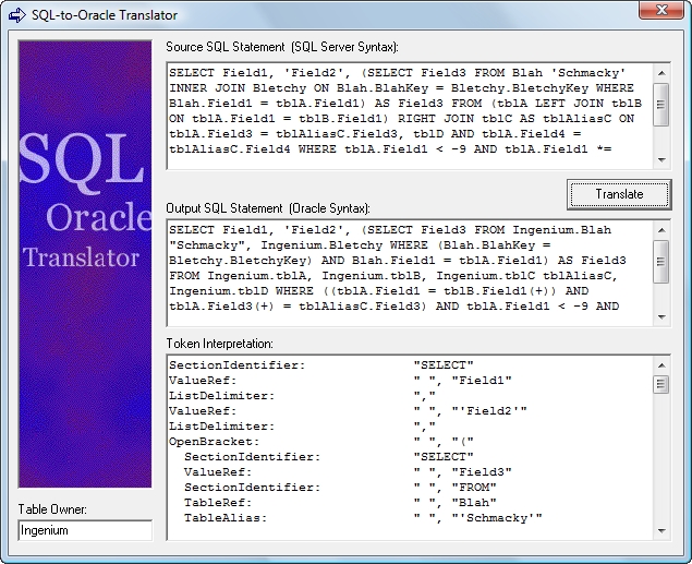 Screenshot of SQL-To-Oracle Translator