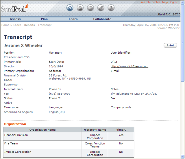 Screenshot of SumTotal Enterprise Suite 7.0