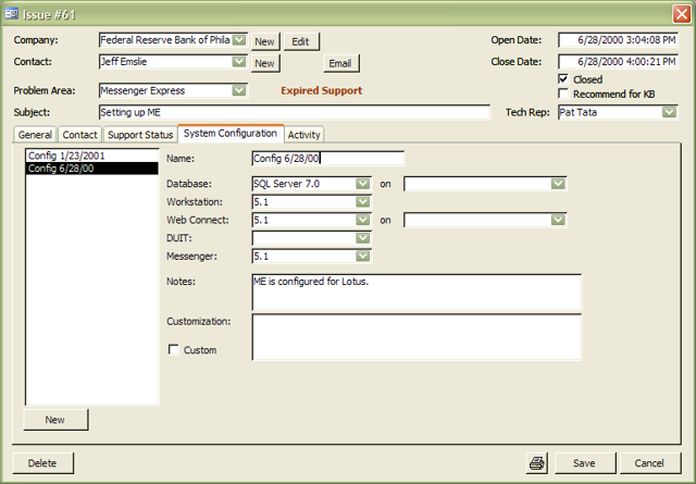 Screenshot of Technical Support Database
